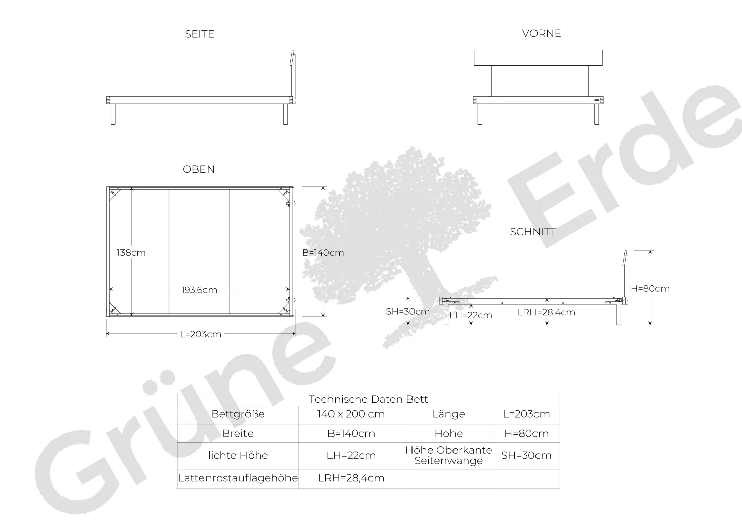 Bett Jukai Pur mit Stegbetthaupt(Eiche, 140 x 200 cm, mit Stegbetthaupt)