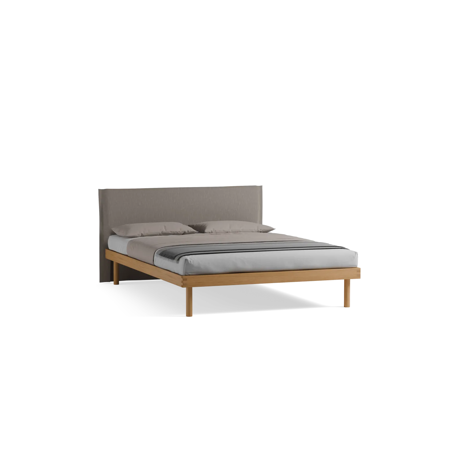 Bett Jukai Pur mit Stegbetthaupt(Baumwollstoff Ondula Taupe, Eiche, 140 x 200 cm, mit Betthaupt und Betthaupthousse)