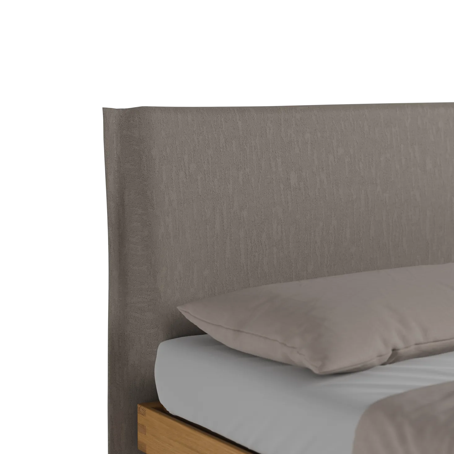 Bett Jukai Pur mit Stegbetthaupt(Baumwollstoff Ondula Taupe, Eiche, 140 x 200 cm, mit Betthaupt und Betthaupthousse)