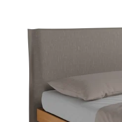 Bett Jukai Pur mit Stegbetthaupt(Baumwollstoff Ondula Taupe, Buche, 140 x 200 cm, mit Betthaupt und Betthaupthousse)