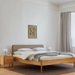 Bett Tenso mit Polsterbetthaupt(Wollstoff Tano natur hell, Eiche, 160 x 200 cm)