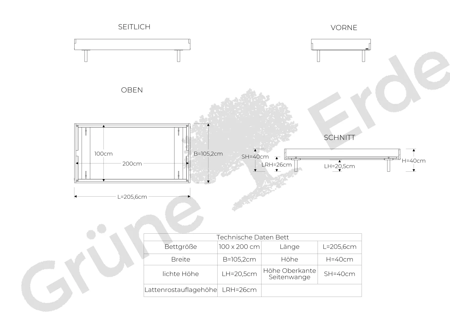 Bett Tesoroohne Betthaupt (Buche, 100 x 200 cm)