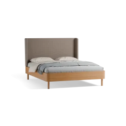 Bett Tonda mit Polsterbetthaupt(Wollstoff Tano natur, Buche, 160 x 200 cm, mit hohem Polsterbetthaupt)