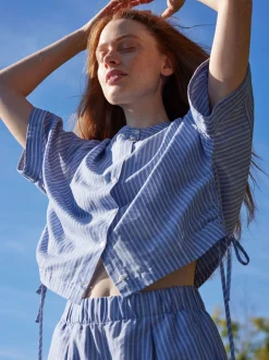 Bluse aus Bio Baumwolle und Leinen(blau/weiss streif, 38)