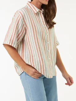Bluse halbarm aus Bio Leinen(seegras/bernstein streif, 38)