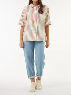 Bluse halbarm aus Bio Leinen(seegras/bernstein streif, 38)
