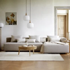 Ecksofa Sereno mit Schlaffunktion, B 300 x T 235 cm(Wollstoff Tano natur hell, Buche, Eckteil links)