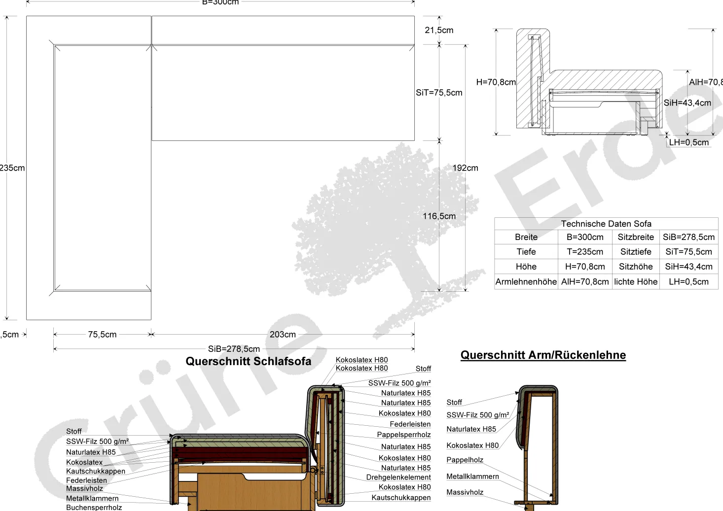 Ecksofa Sereno mit Schlaffunktion, B 300 x T 235 cm(Wollstoff Tano natur hell, Buche, Eckteil links)