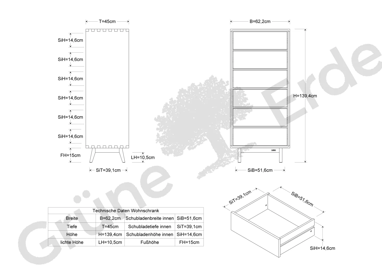 Highboard Tesoro mit 6 Laden B 62 x T 45 x H 139 cm(Eiche)