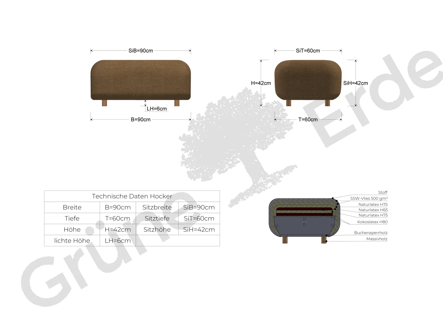 Hocker VelunaB 95 x T 60 x H 42 cm (Wollstoff Elverum haselnuss)
