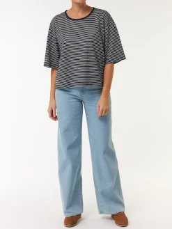 Kurzarmshirt aus Bio Leinen/Baumwolle(denimblau/offwhite ringel, M)