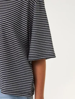 Kurzarmshirt aus Bio Leinen/Baumwolle(denimblau/offwhite ringel, M)