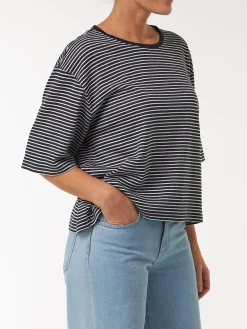 Kurzarmshirt aus Bio Leinen/Baumwolle(denimblau/offwhite ringel, M)
