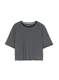 Kurzarmshirt aus Bio Leinen/Baumwolle(denimblau/offwhite ringel, M)