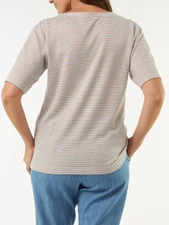 Kurzarmshirt aus Bio Leinen/Baumwolle(blau/curry ringel, 44)