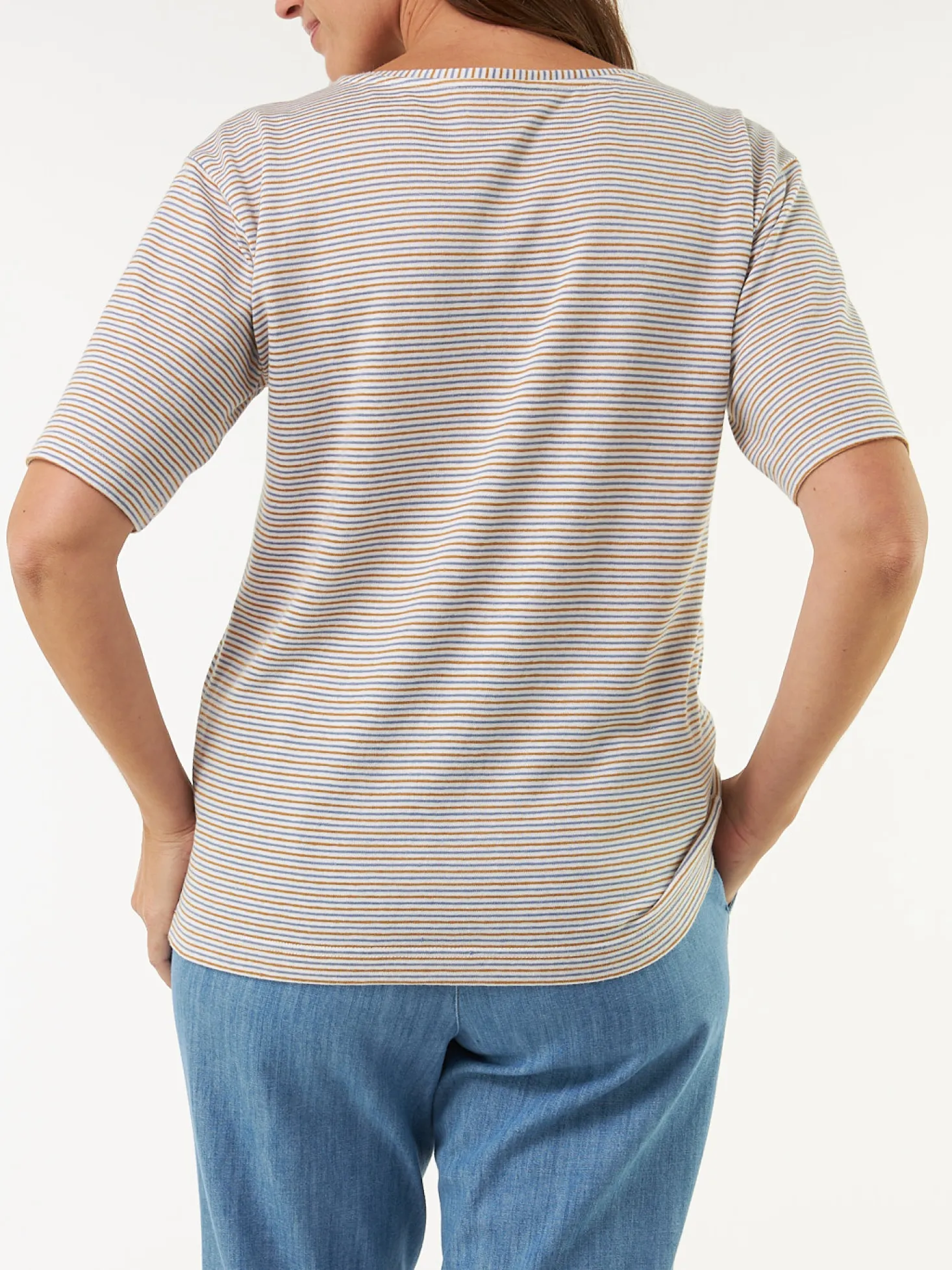Kurzarmshirt aus Bio Leinen/Baumwolle(blau/curry ringel, 44)
