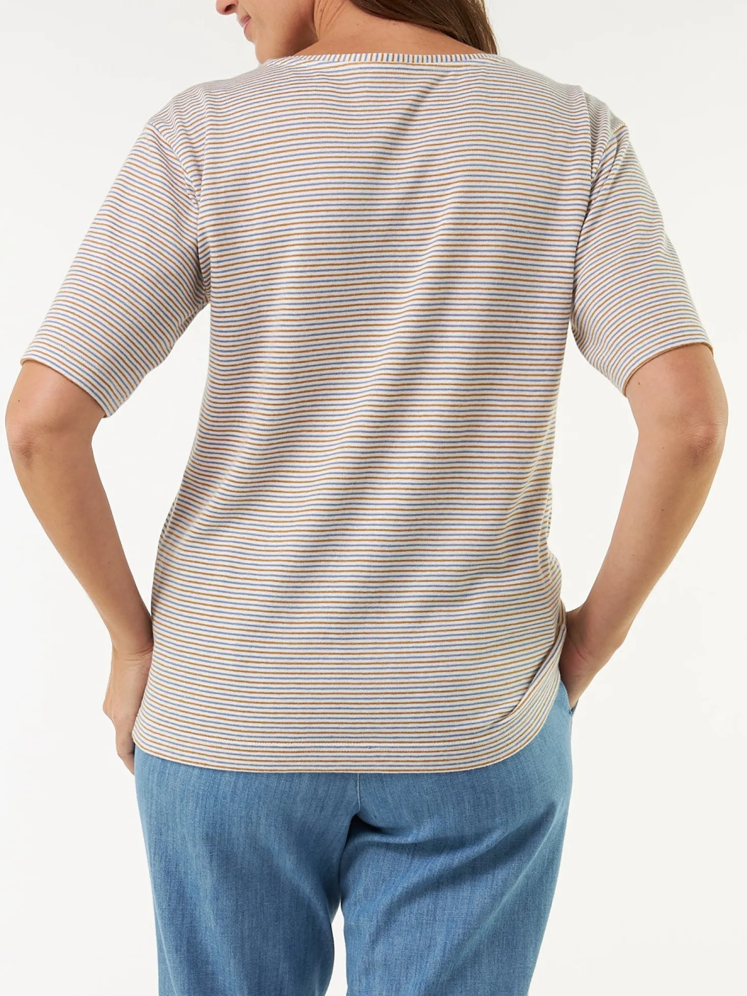 Kurzarmshirt aus Bio Leinen/Baumwolle(blau/curry ringel, 36)