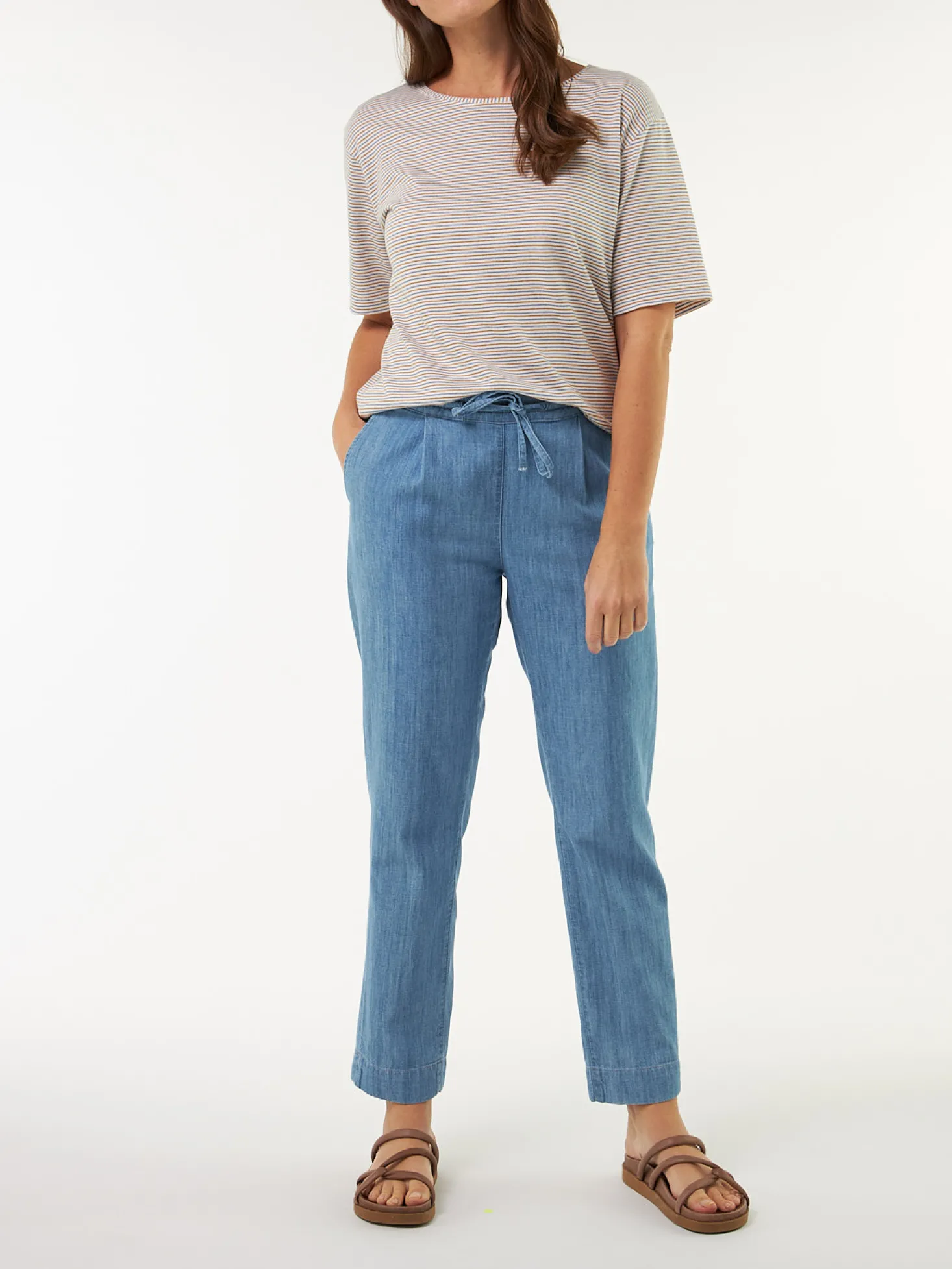 Kurzarmshirt aus Bio Leinen/Baumwolle(blau/curry ringel, 36)