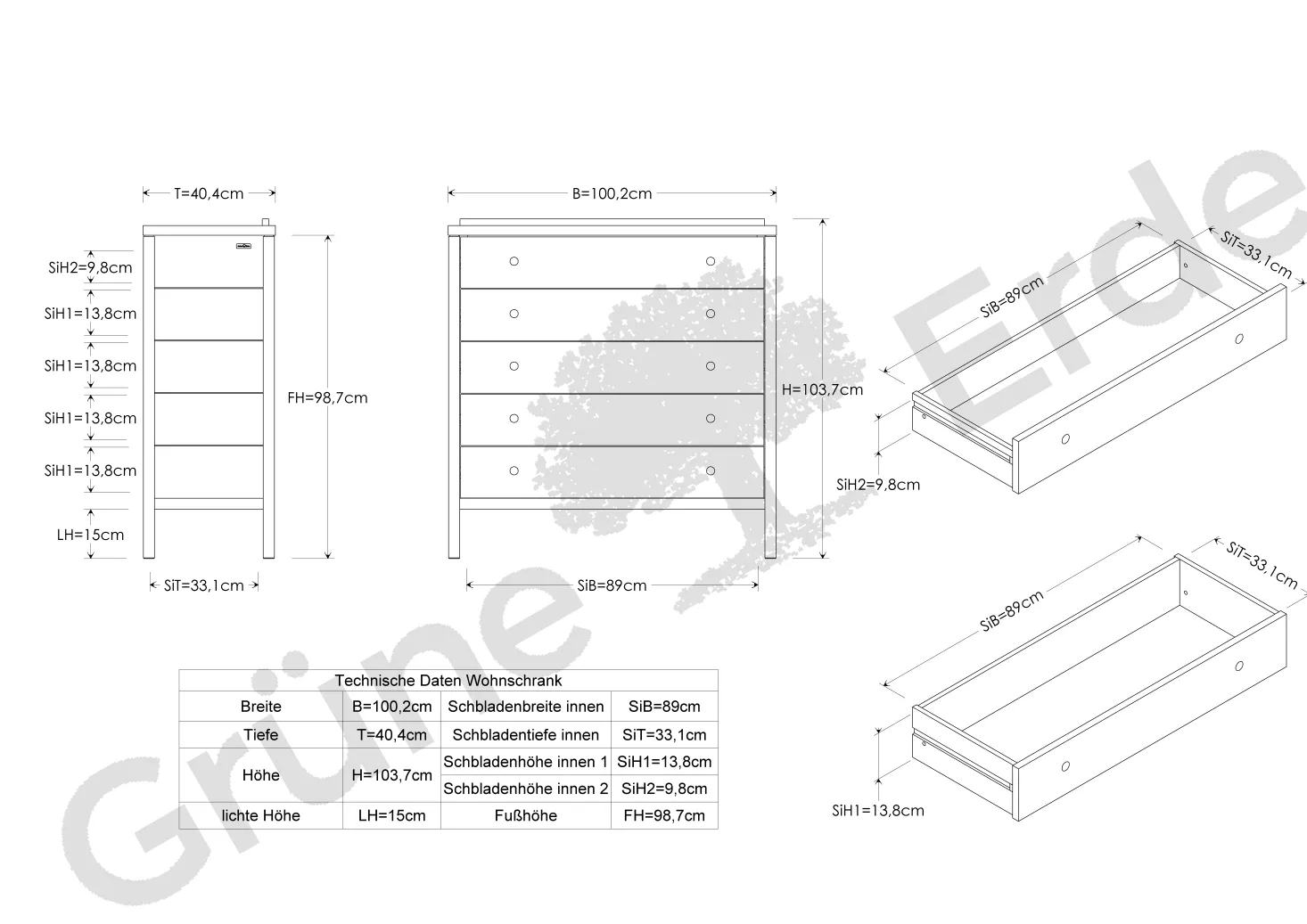 Ladenschrank Ettore breit mit 5 LadenB 100 x T 40 x H 103.7 cm (Buche)