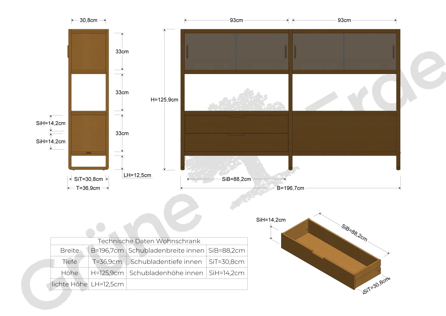 Regal QuintumVariante 3, B 1965 x T 360 x H 1255 mm (Buche)