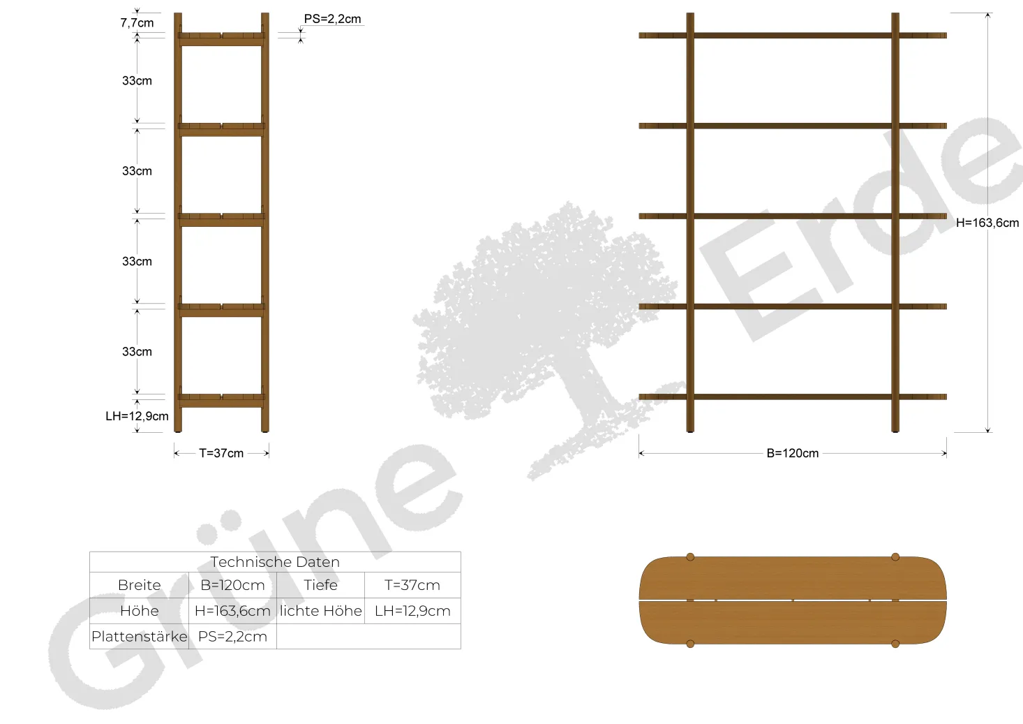 Regal TondaBreite 120 cm (Eiche, 5 Fächer)
