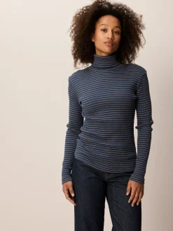 Rollkragenshirt aus Bio Baumwolle(mondblau/caramel ringel, XS)
