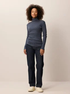 Rollkragenshirt aus Bio Baumwolle(mondblau/caramel ringel, XS)