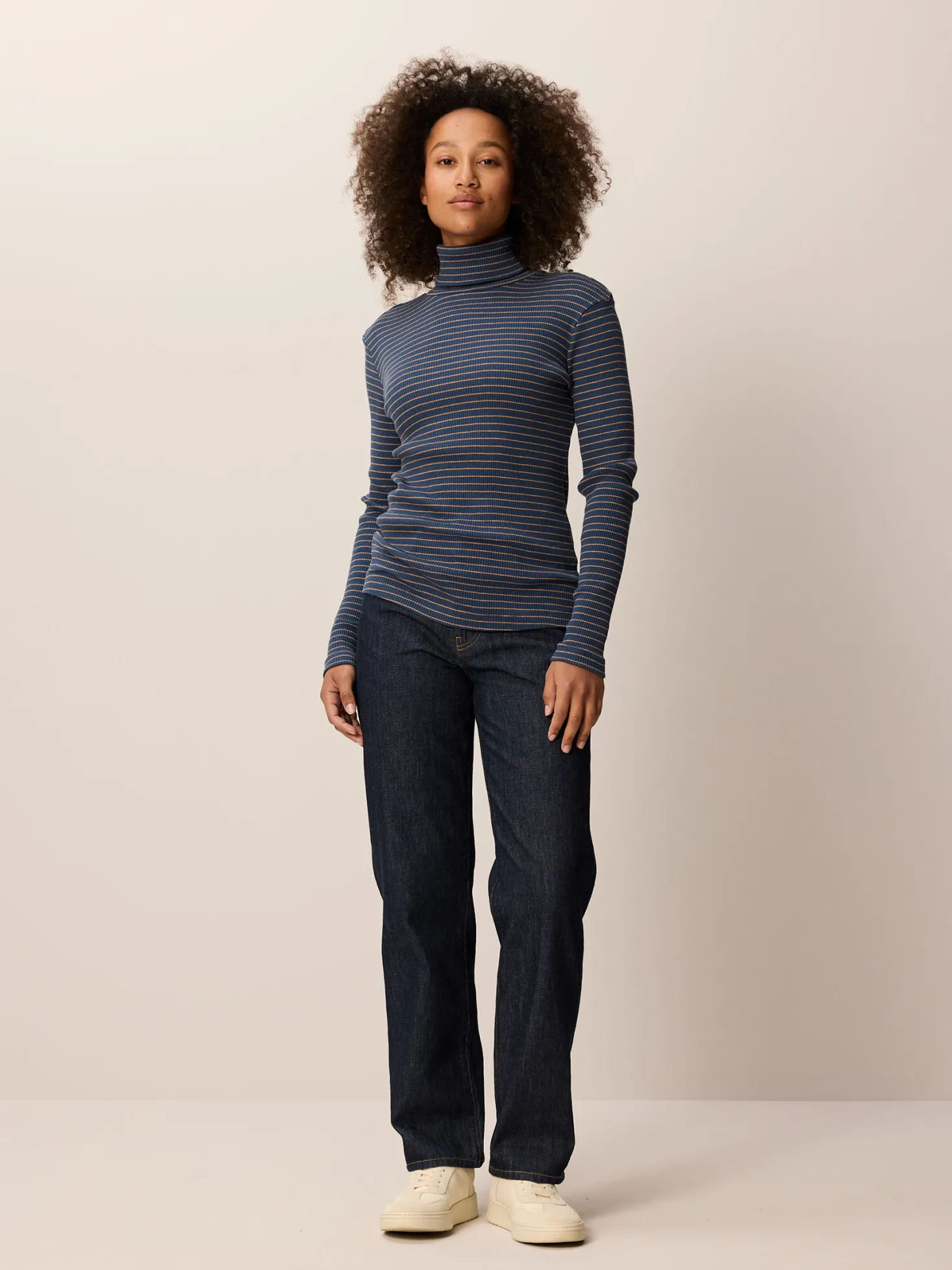Rollkragenshirt aus Bio Baumwolle(mondblau/caramel ringel, XS)