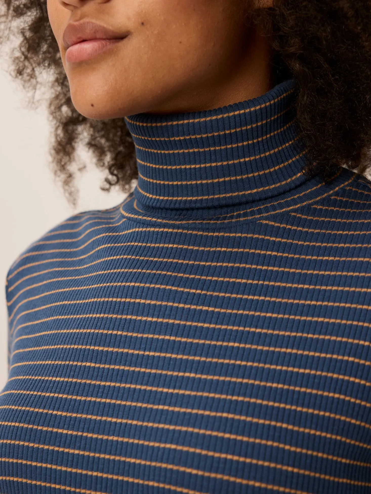 Rollkragenshirt aus Bio Baumwolle(mondblau/caramel ringel, XS)