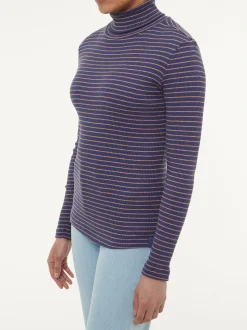 Rollkragenshirt aus Bio Baumwolle(royalblau/rosenholz ringel, XS)