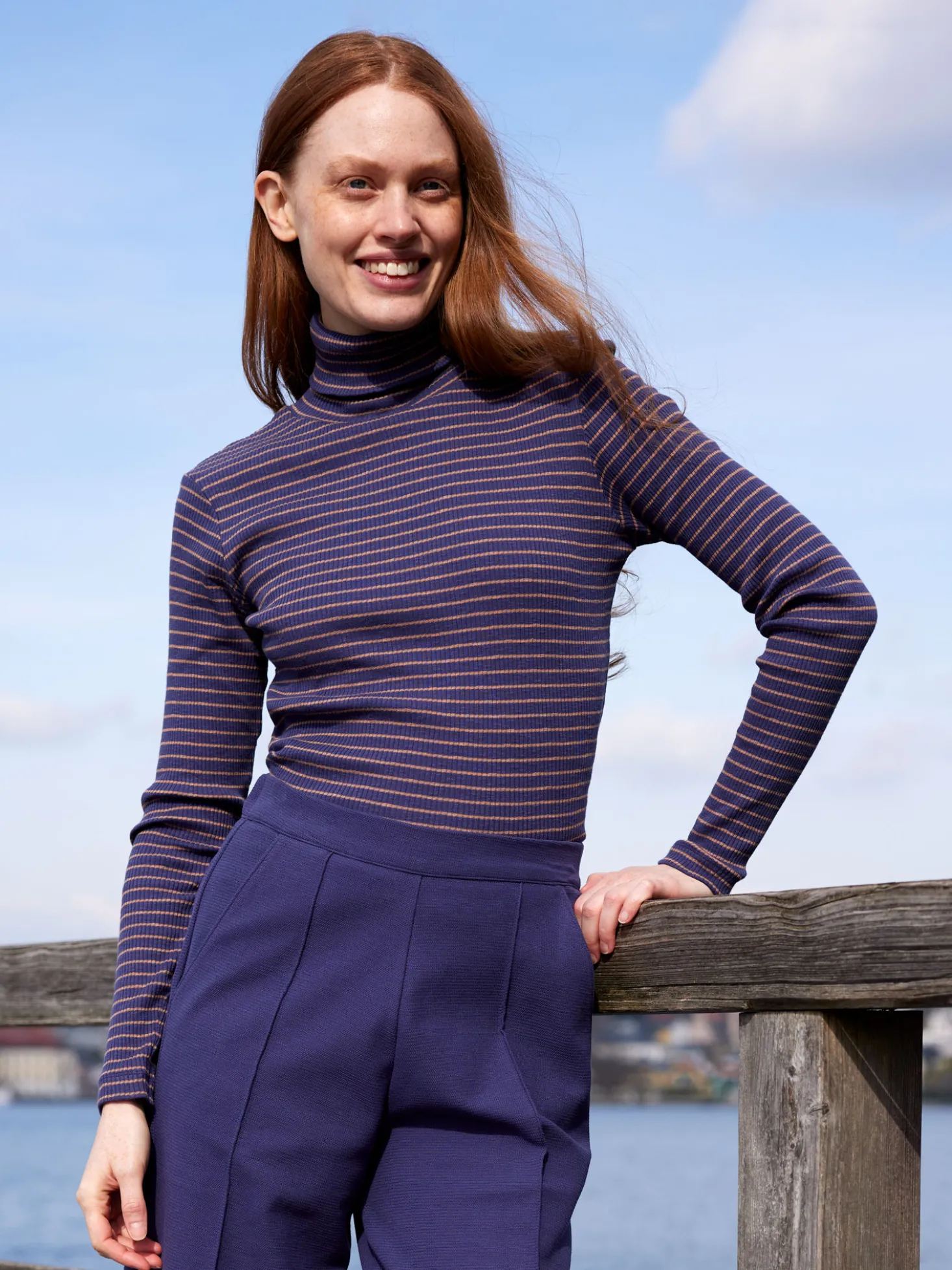 Rollkragenshirt aus Bio Baumwolle(royalblau/rosenholz ringel, XS)
