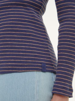 Rollkragenshirt aus Bio Baumwolle(royalblau/rosenholz ringel, XS)