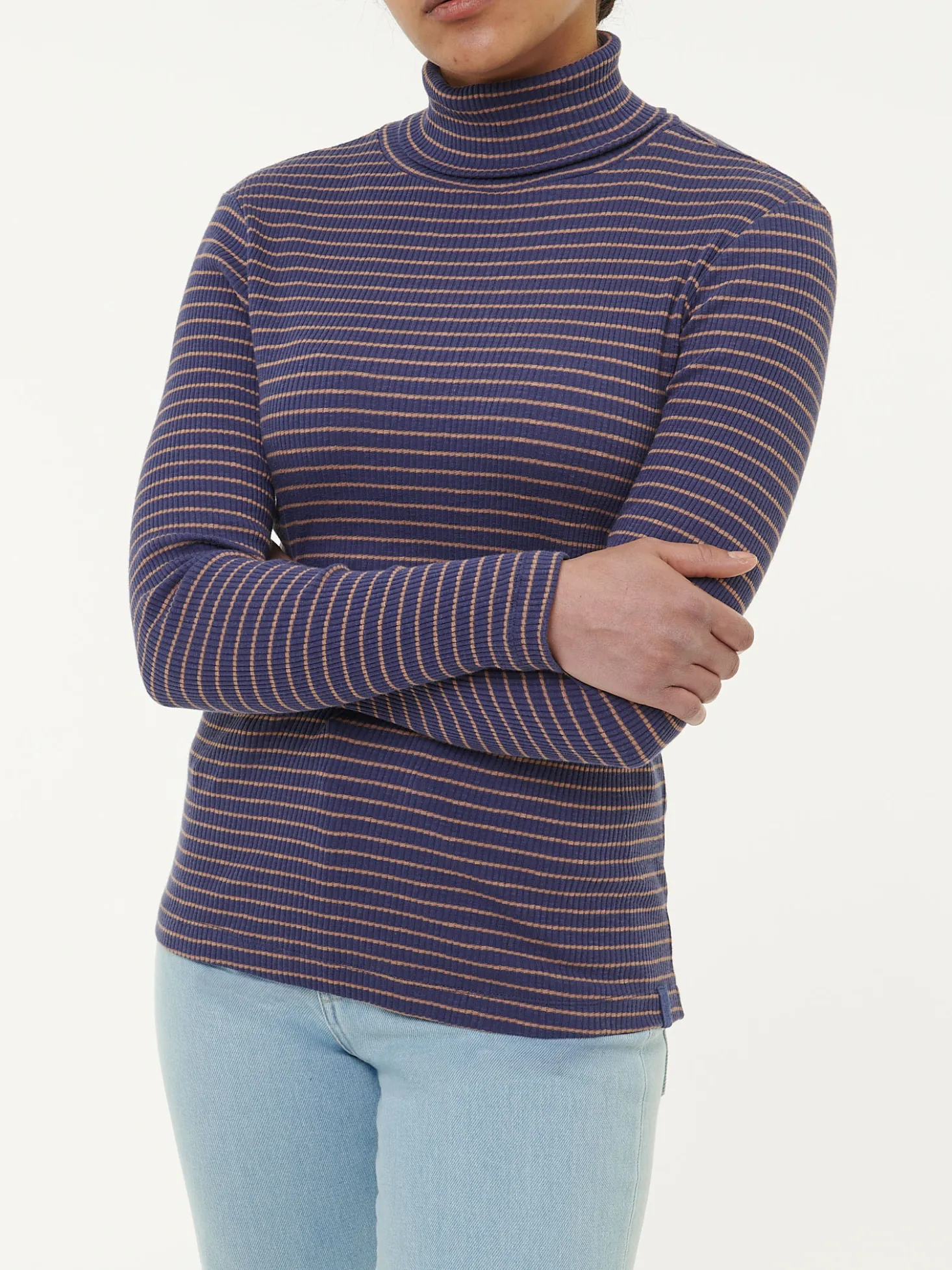 Rollkragenshirt aus Bio Baumwolle(royalblau/rosenholz ringel, XS)