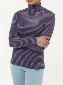 Rollkragenshirt aus Bio Baumwolle(royalblau/rosenholz ringel, XXS)