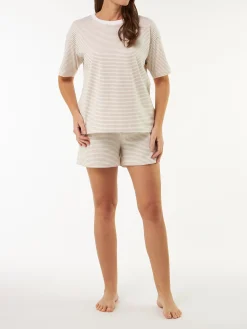 Schlafshirt Kurzarm aus Bio Baumwolle(ringel beige, XS)