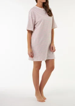 Schlafshirt oversize Kurzarm aus Bio Baumwolle(ringel himbeer, XS)