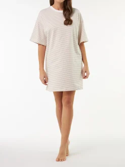 Schlafshirt oversize Kurzarm aus Bio Baumwolle(ringel beige, XS)