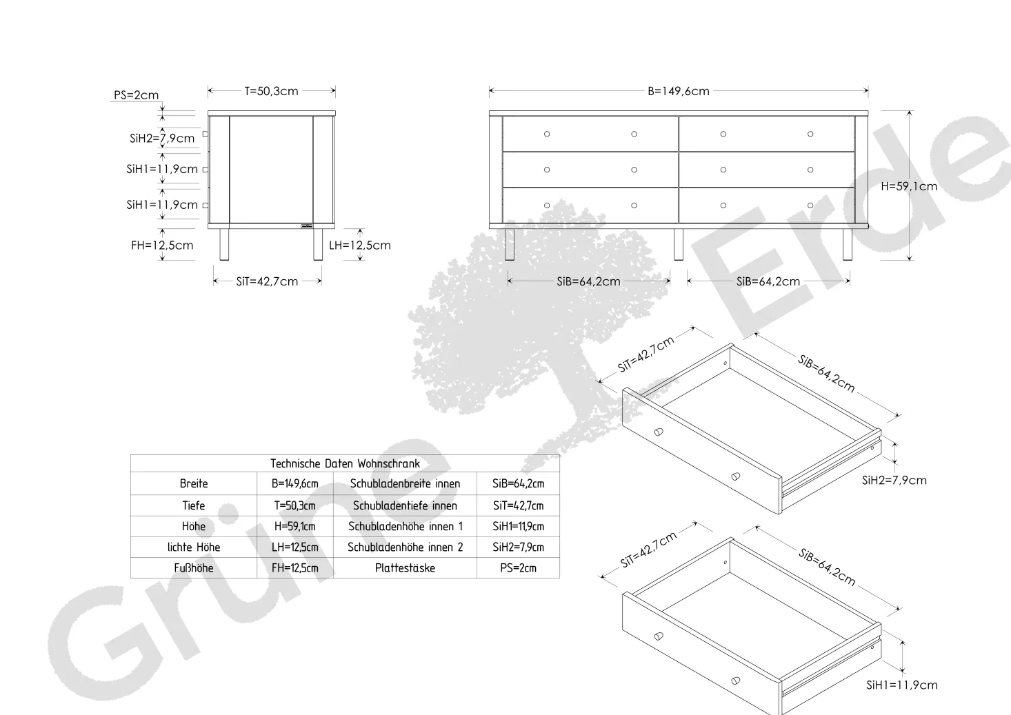 Schrank Tonda 6 LadenB 149,6x T 50x H 59,1 cm, (Buche)