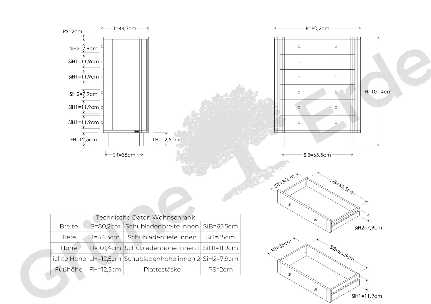 Schrank Tonda 6 LadenB 80 x T 42 x H 101,4 cm (Eiche)