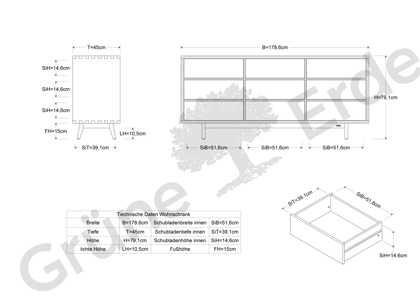 Sideboard Tesoro mit 9 Laden B 178 x T 45 x H 79 cm(Eiche)