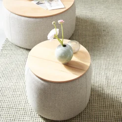 Tambor Sofatisch/Hocker mit Stauraum u. Holzdeckel(Wollstoff Tano natur, Eiche, ø 39 cm)