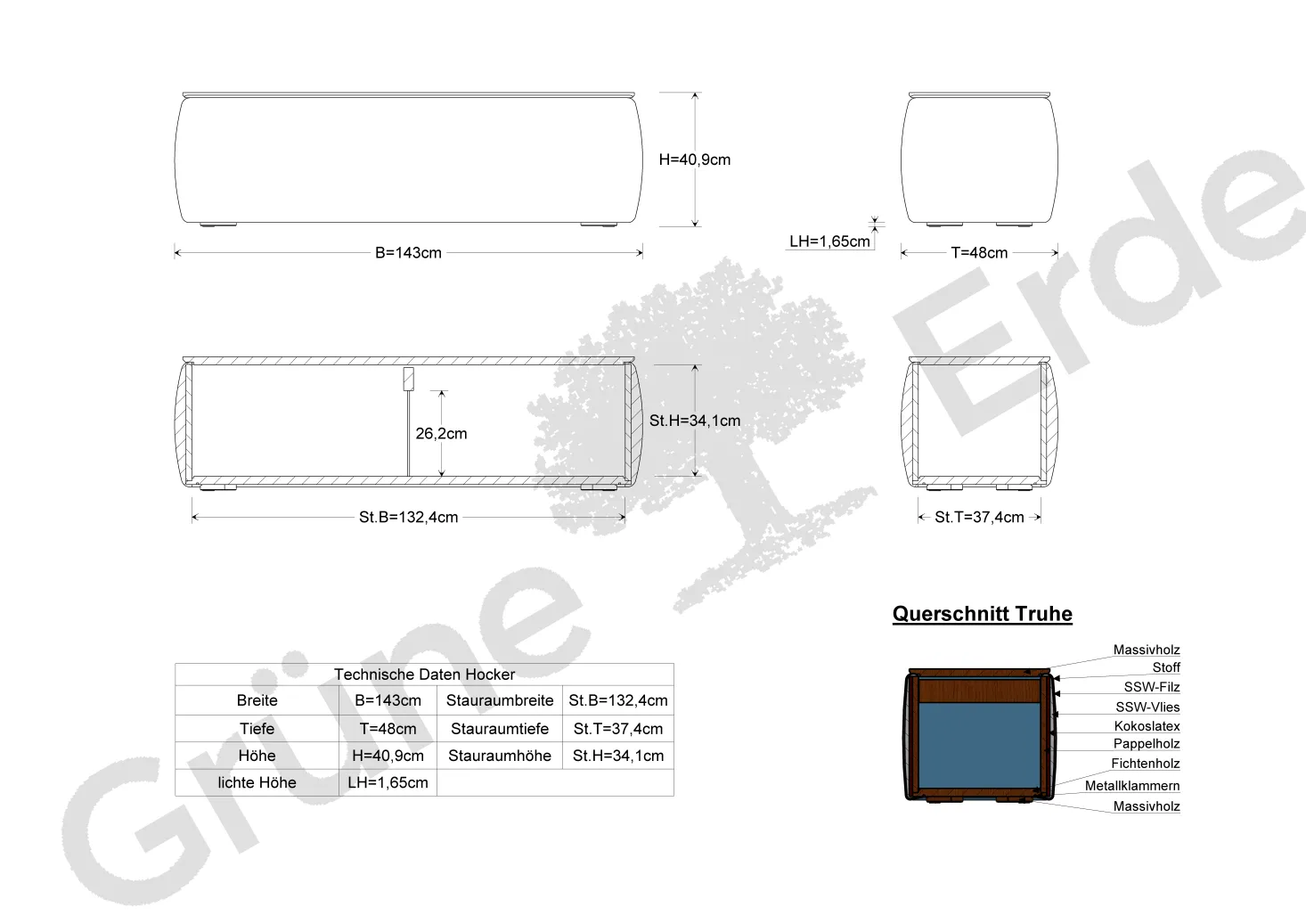 Truhe Tambor rechteckigB 143 cm x T 48 cm x H 41 cm (Wollstoff Tano natur, Buche)