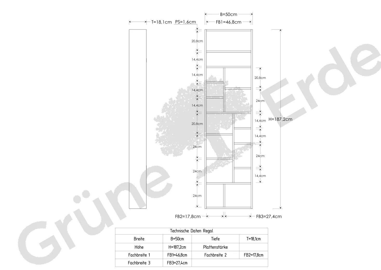 Wandregal Piet hochB 50 x H 187 x T 18 cm (Buche)